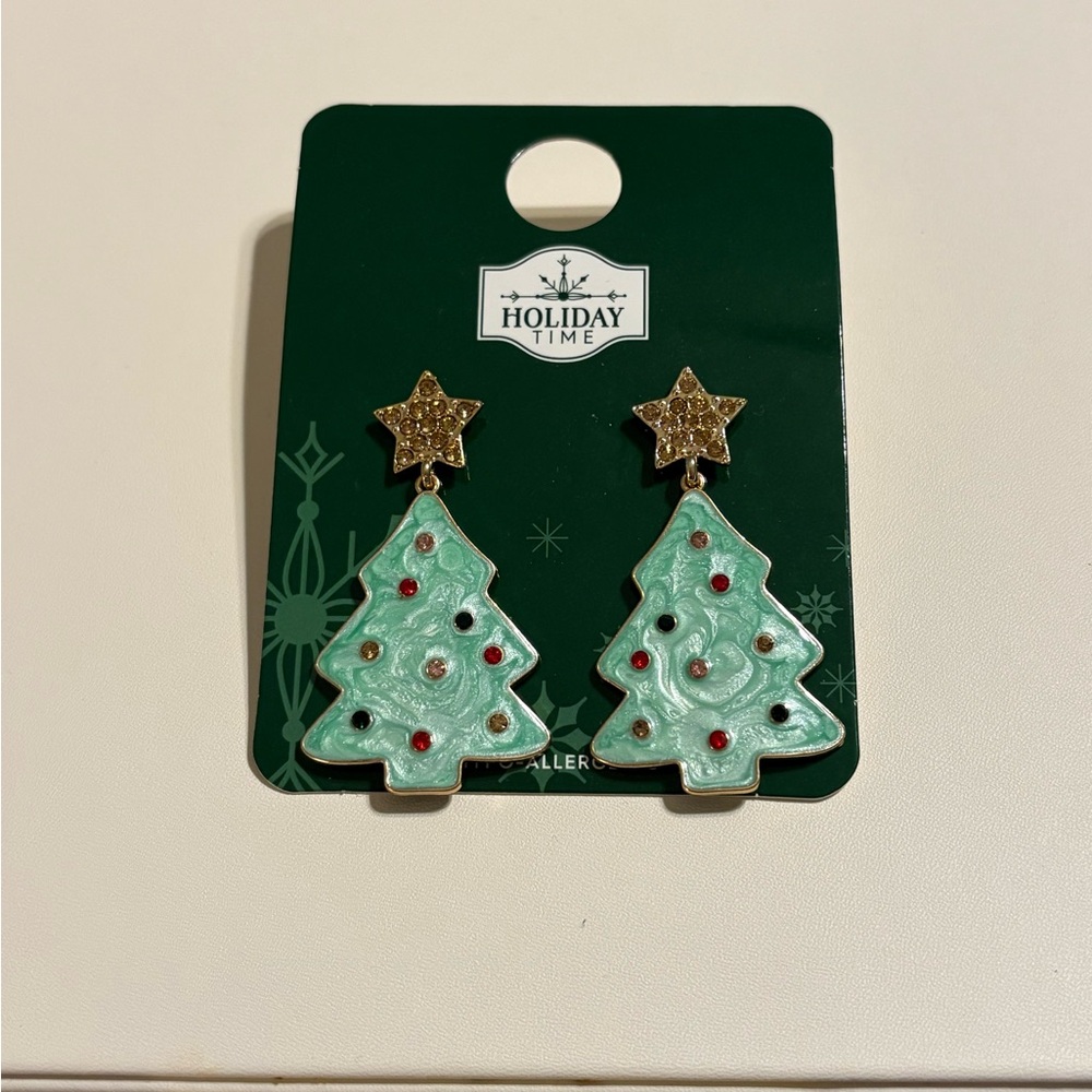 Holiday Time Green Christmas Tree Earrings with Gold Stars